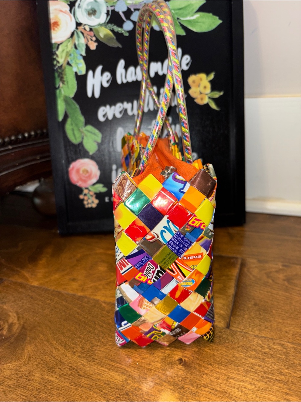 Vtg Handwoven Multicolor Recycled Snack Wrapper Hand Bag - Picture 12 of 14